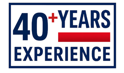 blue and red logo showcasing 40+ years experience