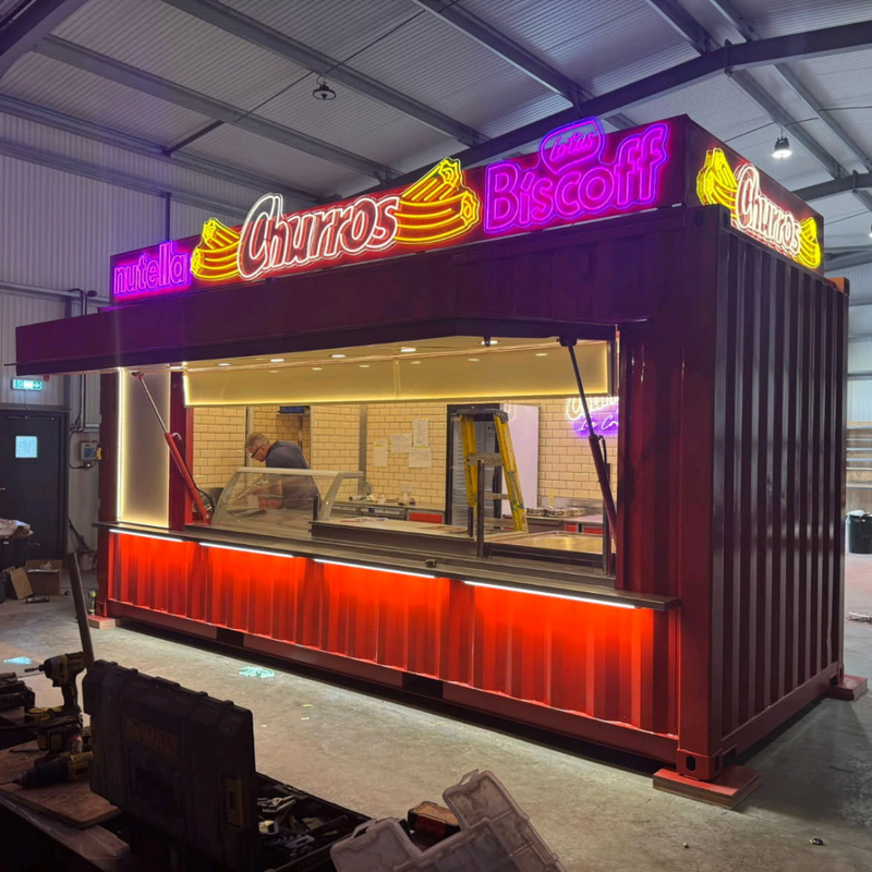 Churro container conversion neon lights A R Willis Catering trailers